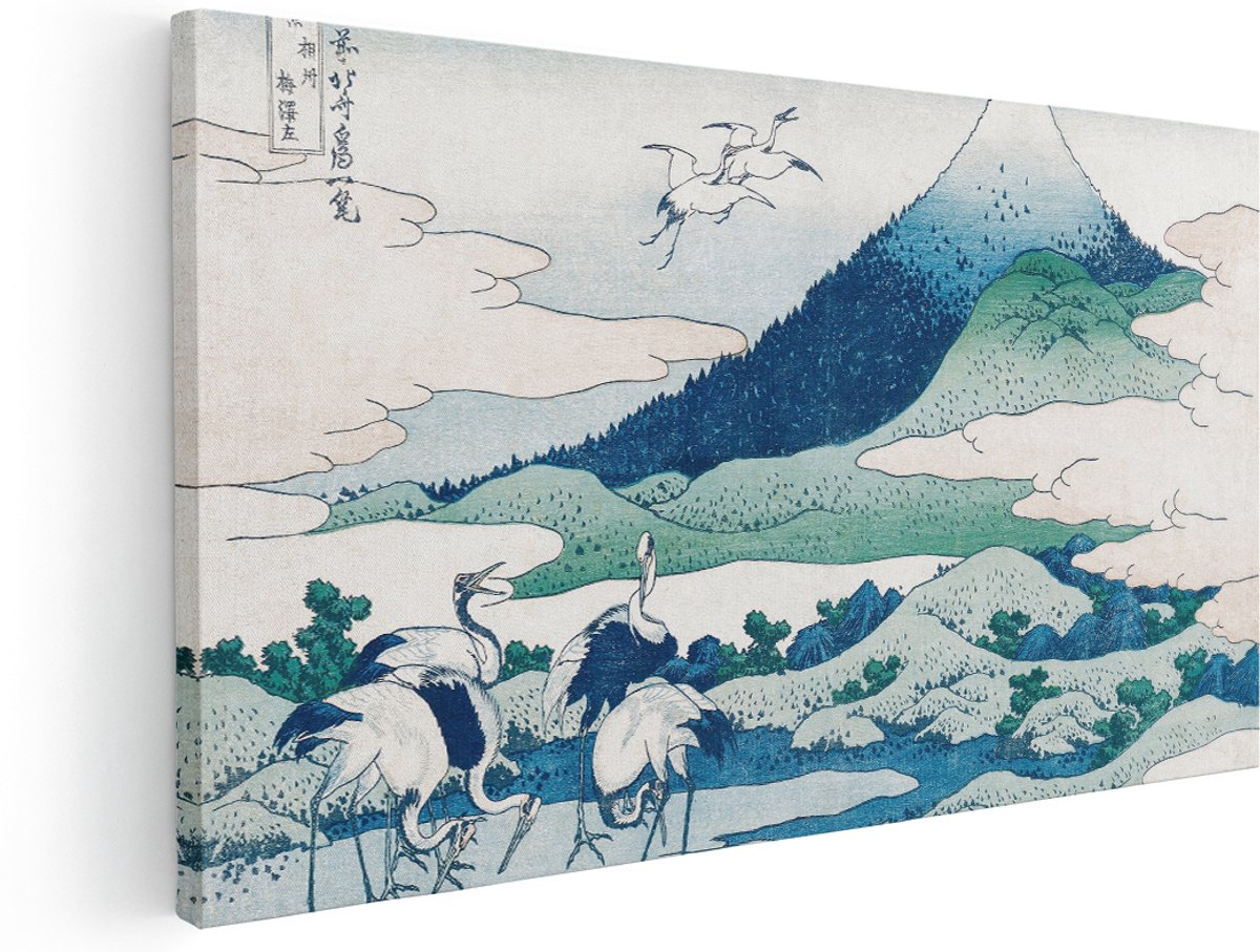 Artaza Canvas Schilderij Japans Landschap - 180x90 cm - Groot - Wanddecoratie Vogels - Muurdecoratie Hokusai - Schilderijen Op Canvas Natuur