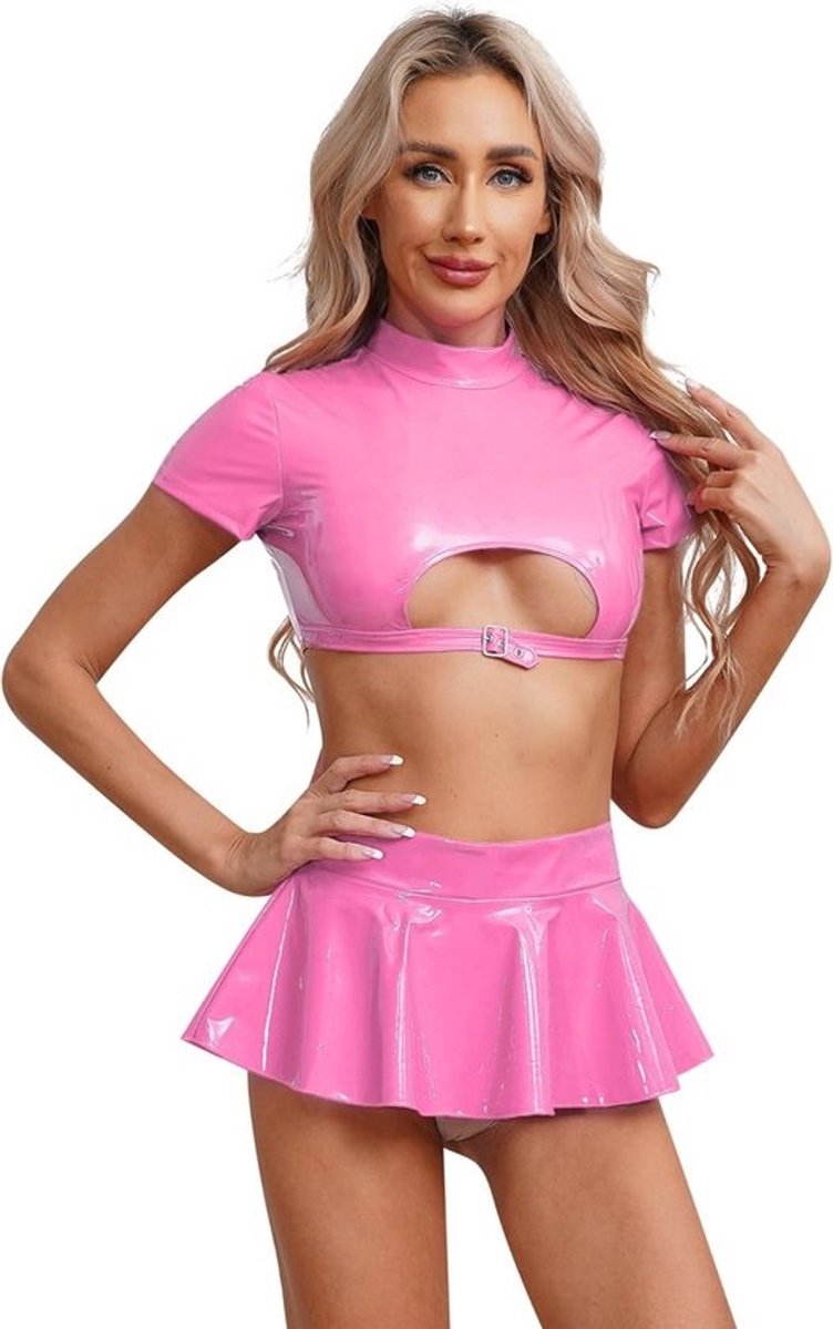 Sexy Wetlook Lingerieset Crop Top met Hoge Taille Skater Rok