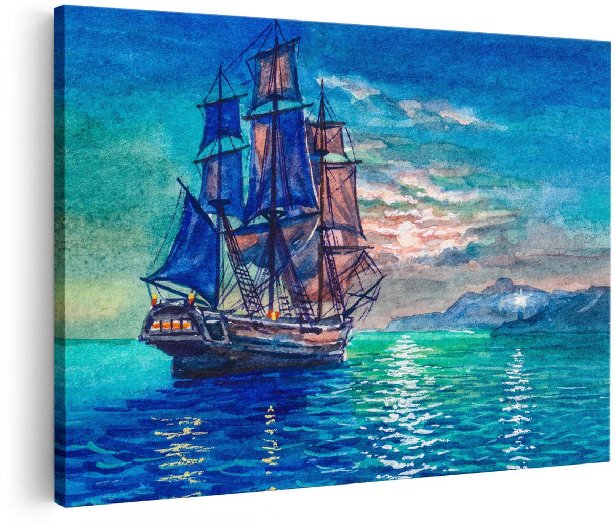 Artaza Canvas Schilderij Oude Piratenschip Zeilboot Getekend - 180x120 cm - Groot - Foto Op Canvas - Wanddecoratie Woonkamer