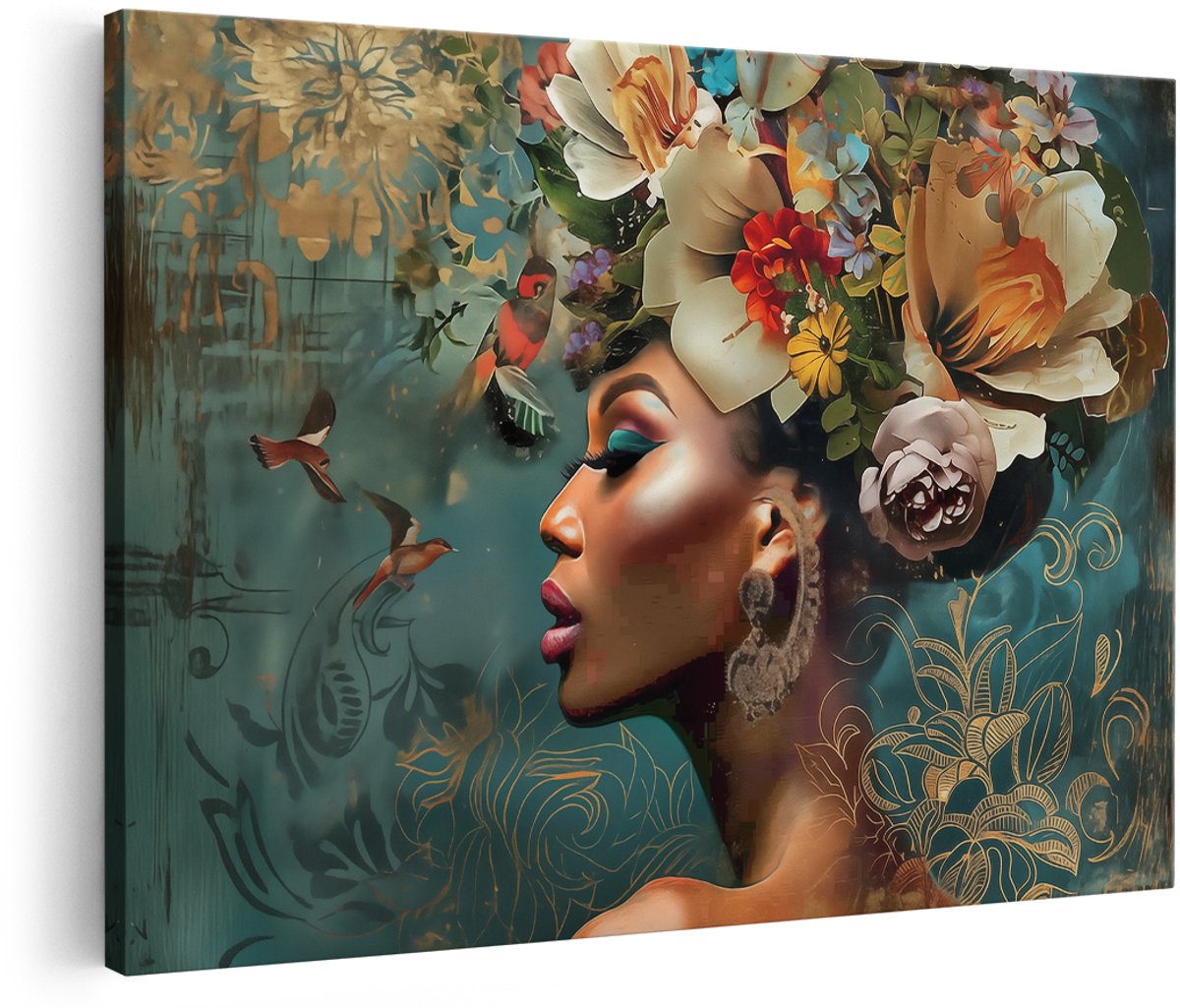 Artaza Canvas Schilderij Vrouw met Bloemen op haar Hoofd - Bloemen - 180x120 cm - Groot - Wanddecoratie Woonkamer - Schilderijen - Muurdecoratie