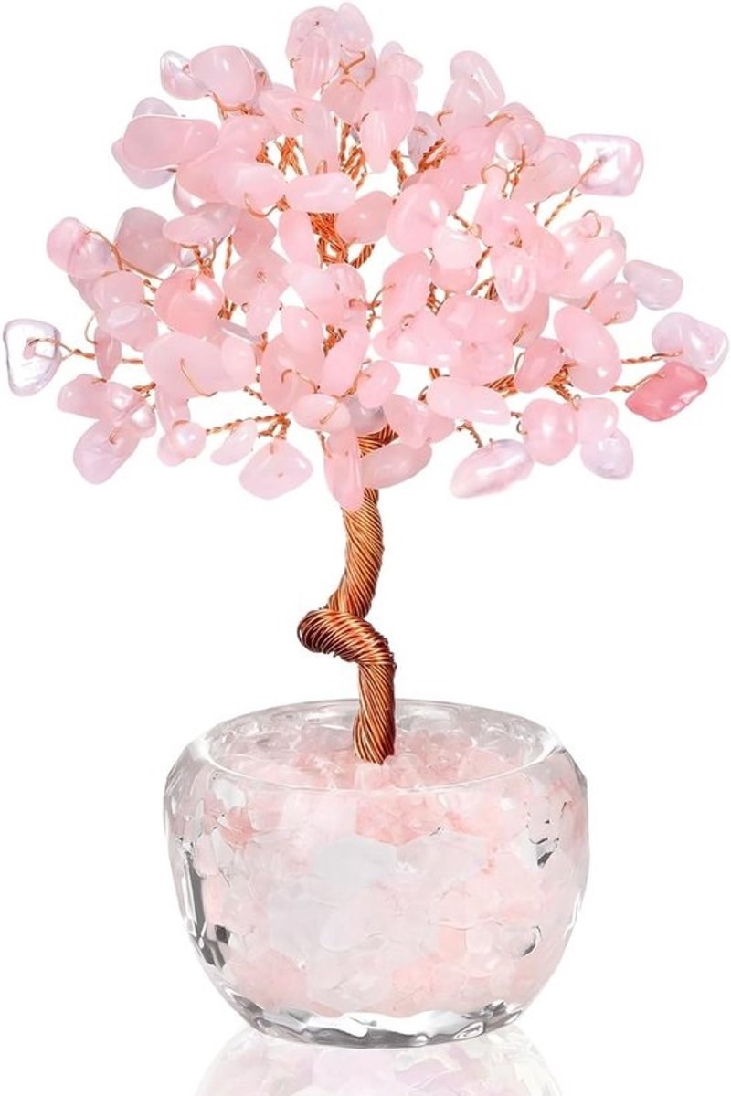 Rozenkwartskristalboom - handgemaakte helende edelsteenboom - thuis en kantoordecoratie - chakraboom - gelukscadeau voor vrouwen - verjaardag cadeau (roze)