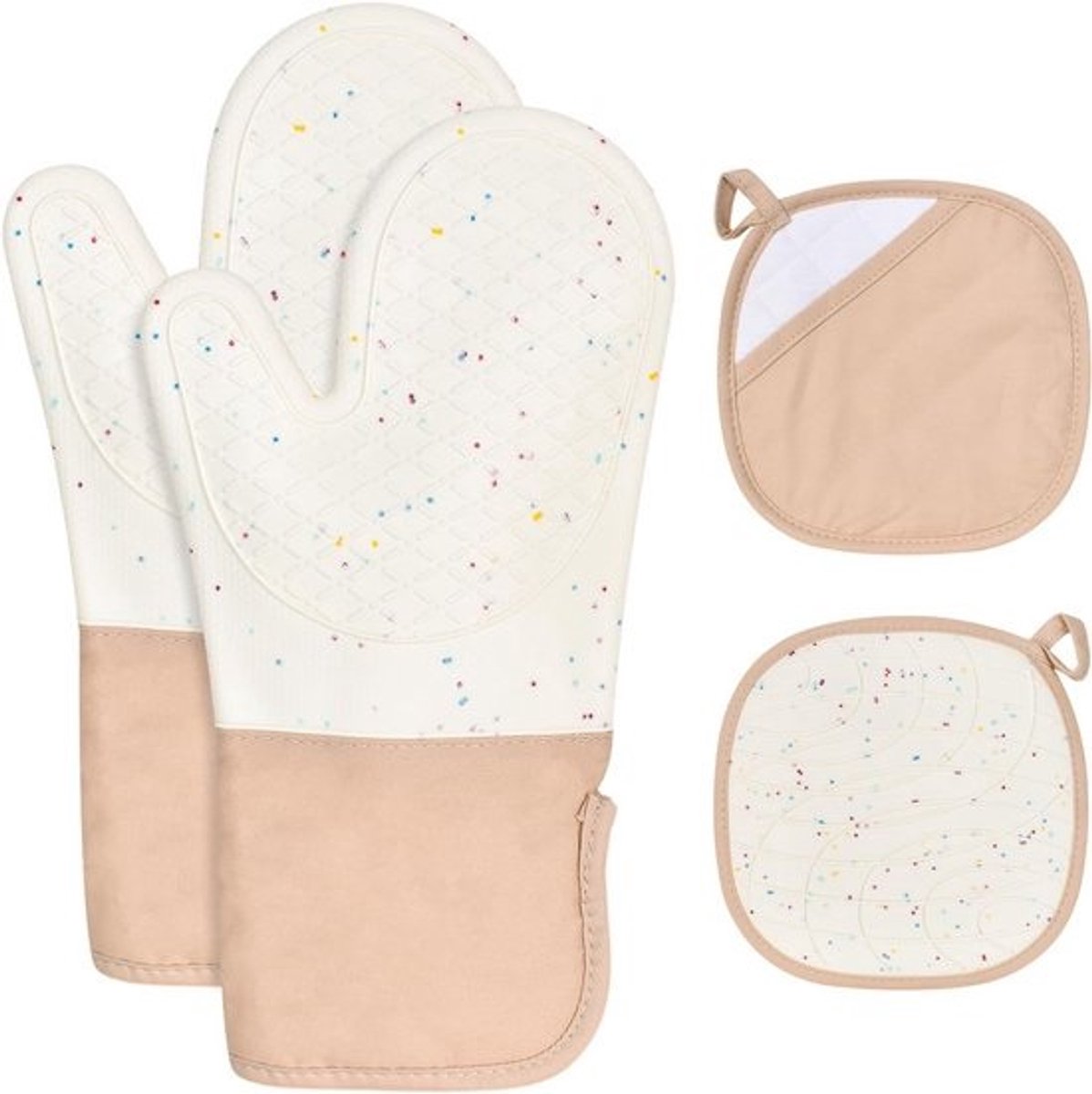 Set van 4 ovenwanten en pannenlappen, 2 stuks siliconen extra lange ovenhandschoenen en 2 stuks hot pads, hittebestendige bakhandschoenen, antislip kookhandschoenen voor bakken, koken, BBQ