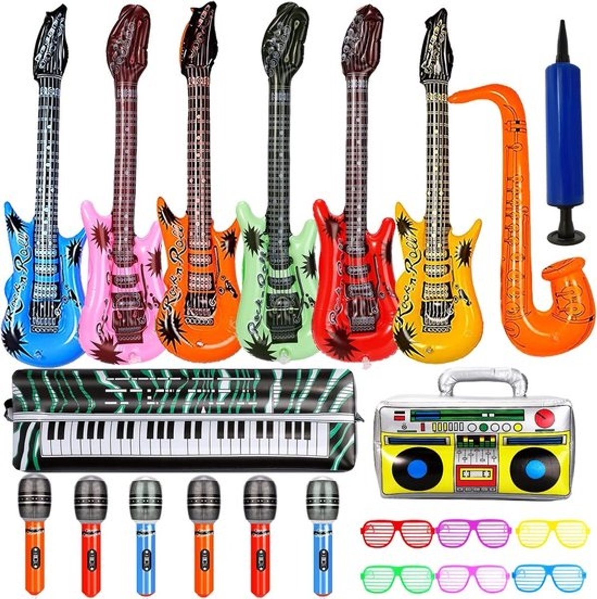 22 Stuks Opblaasbare Muziekinstrumenten Set Gitaar Saxofoon Microfoon en Accessoires voor Feest