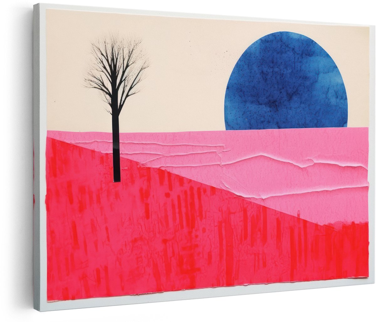 Artaza Canvas Schilderij Abstract Landschap - 180x120 cm - Groot - Wanddecoratie Kale Boom - Muurdecoratie Blauwe Maan - Decoratie Roze