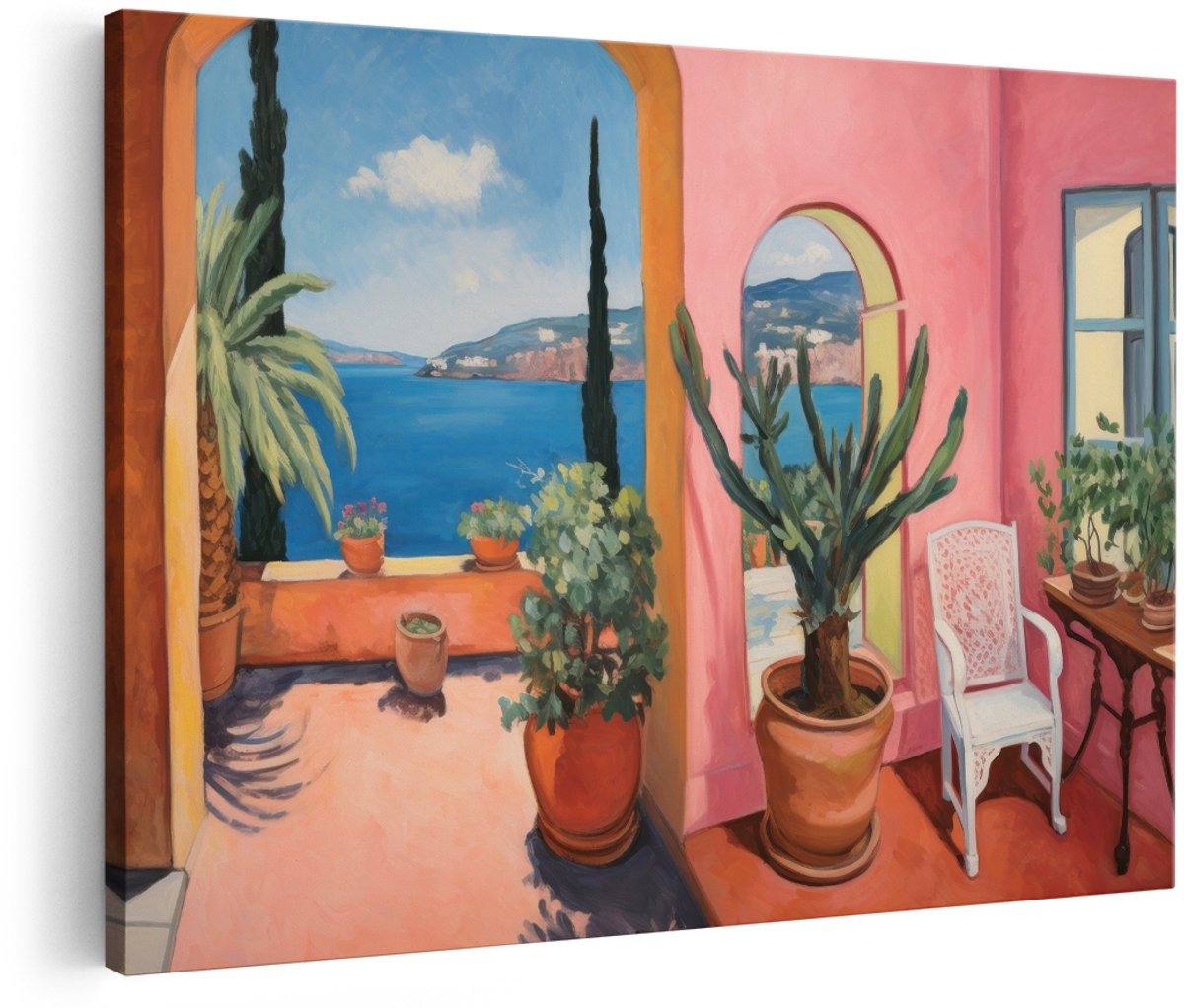 Artaza Canvas Schilderij Mediterraan Terras - 180x120 cm - Groot - Wanddecoratie Zee - Muurdecoratie Landschap - Decoratie Planten
