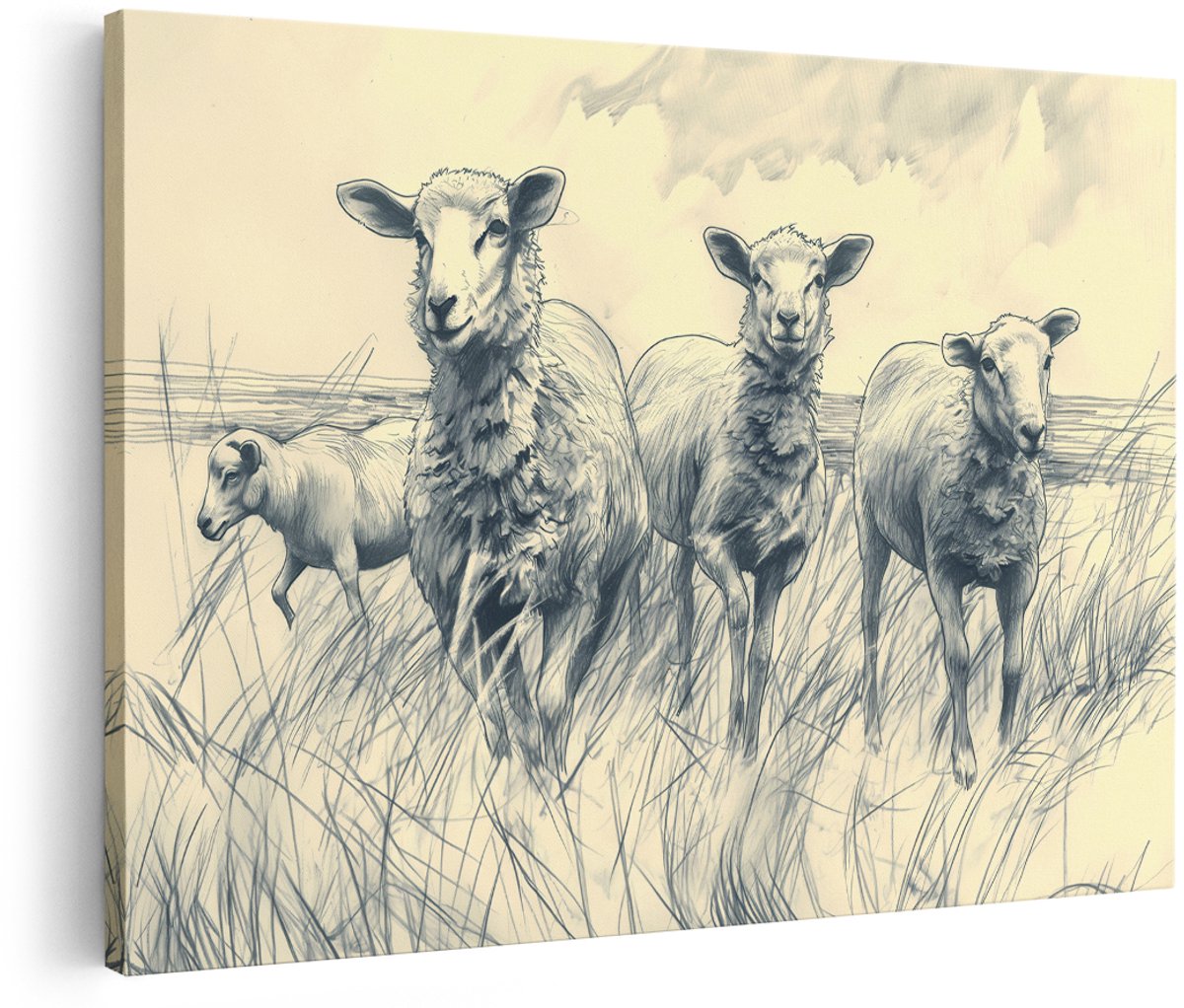 Artaza Canvas Schilderij Schapen - 180x120 cm - Groot - Wanddecoratie Dieren - Muurdecoratie Landelijk - Decoratie Tekening - Schilderijen Op Canvas Natuur