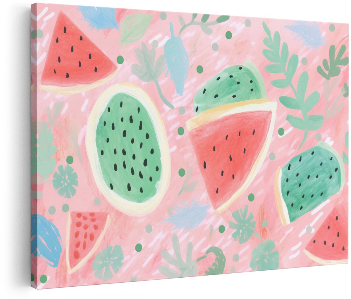Artaza Canvas Schilderij Watermeloen - 180x120 cm - Groot - Wanddecoratie Kinderkamer - Muurdecoratie Fruit - Decoratie Meisjeskamer - Roze