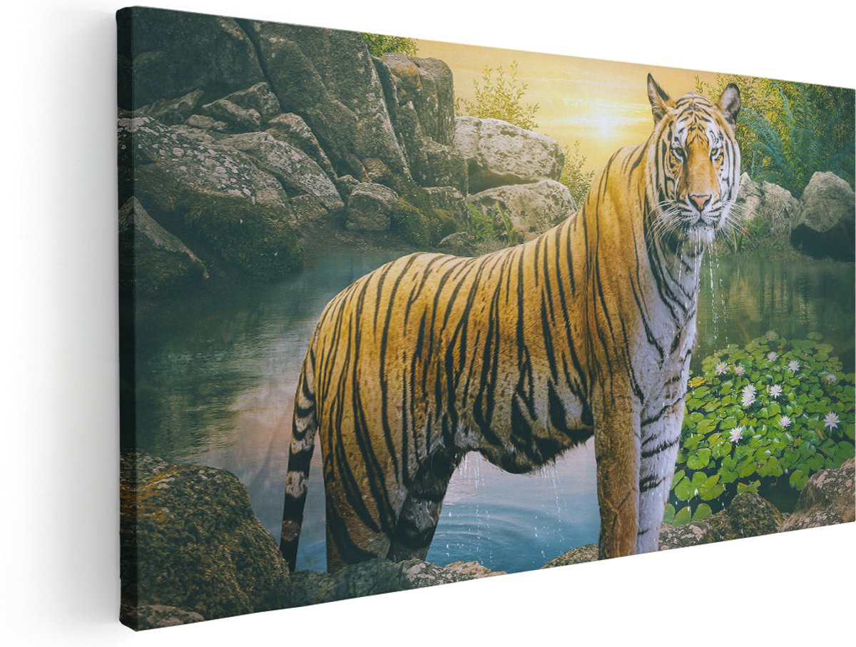 Artaza Canvas Schilderij Luipaard In Een Vijver Bij Zonsondergang - 180x90 cm - Groot - Wanddecoratie Woonkamer - Schilderijen - Muurdecoratie