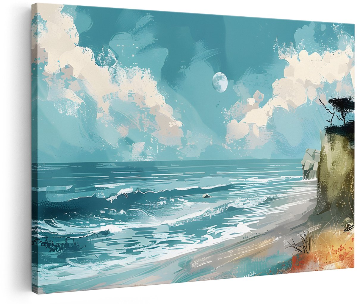Artaza Canvas Schilderij Strand Zee - 180x120 cm - Groot - Wanddecoratie Landschap - Muurdecoratie Volle Maan - Decoratie Natuur - Blauw