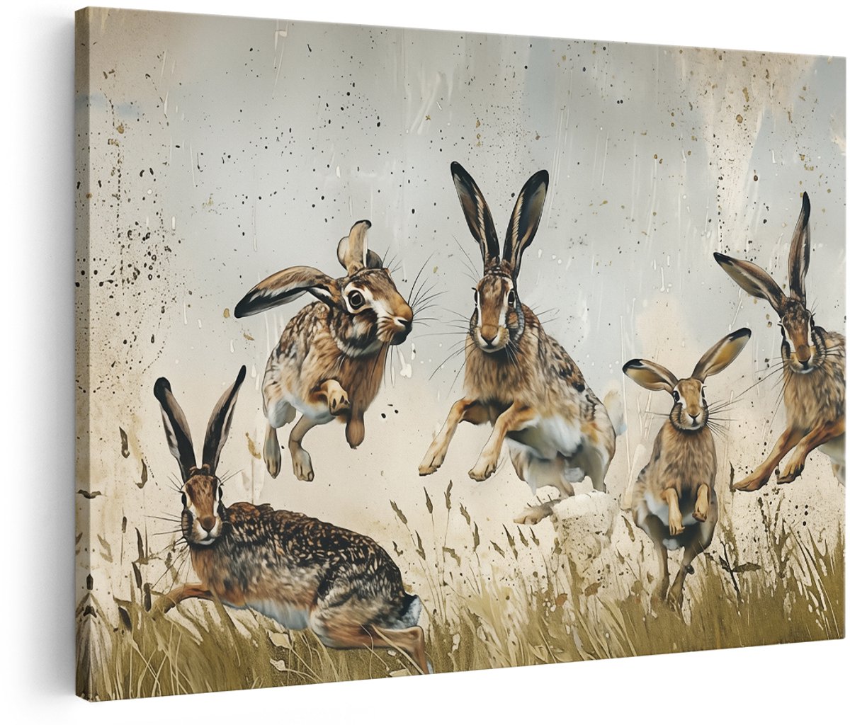 Artaza Canvas Schilderij Hazen in het Gras - Dieren - 180x120 cm - Groot - Wanddecoratie Woonkamer - Schilderijen - Muurdecoratie