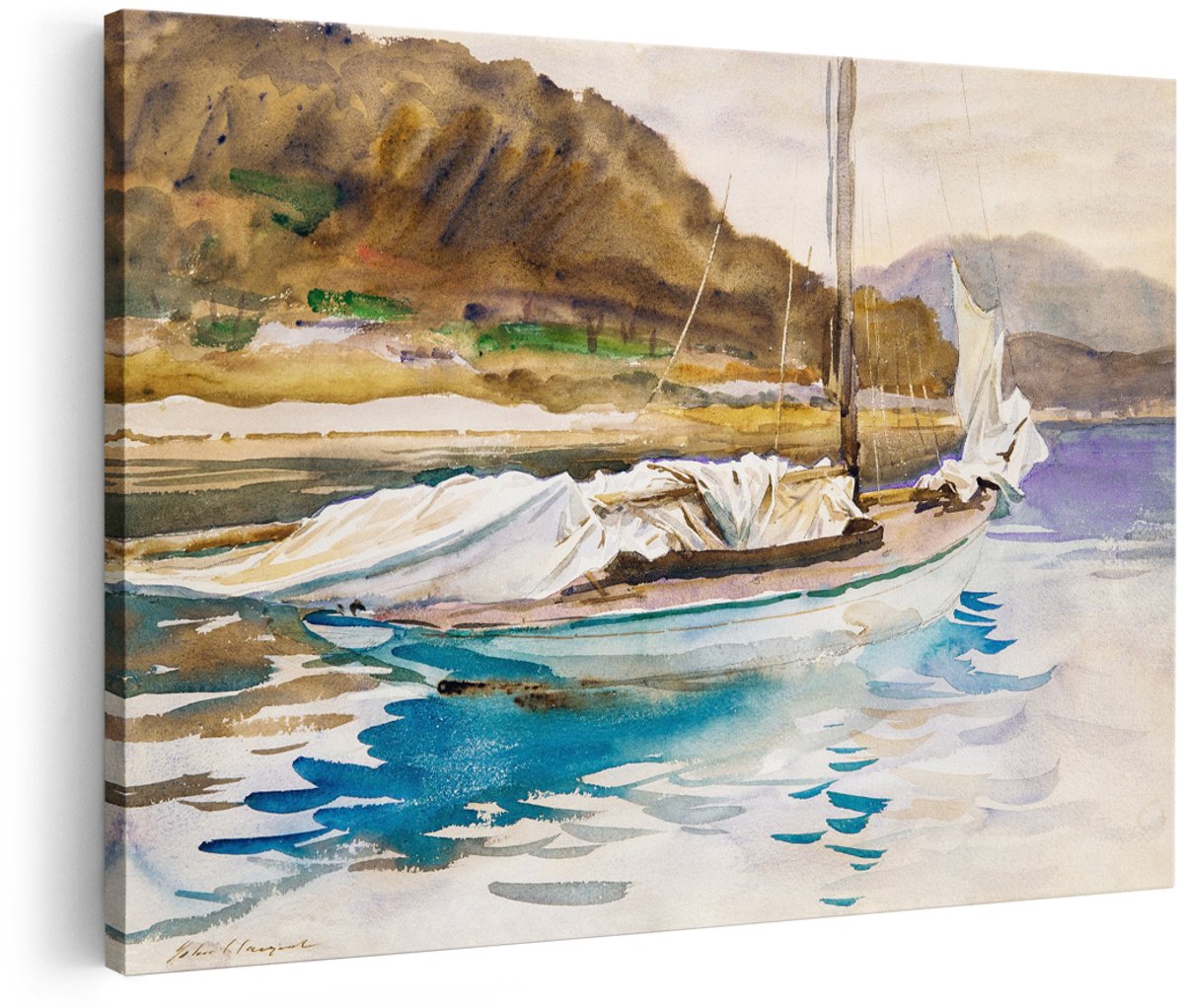 Artaza Canvas Schilderij Zeilboot - 180x120 cm - Groot - Wanddecoratie Landschap - Muurdecoratie Aquarel Kust - Schilderijen Op Canvas Water