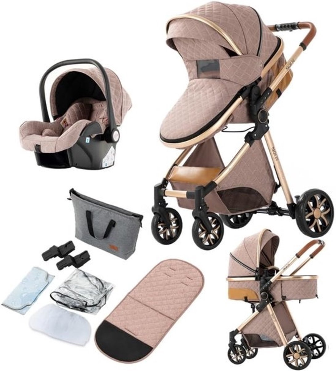 3-in-1 Omkeerbare Kinderwagen met Accessoires – Opvouwbare Grote Buggy