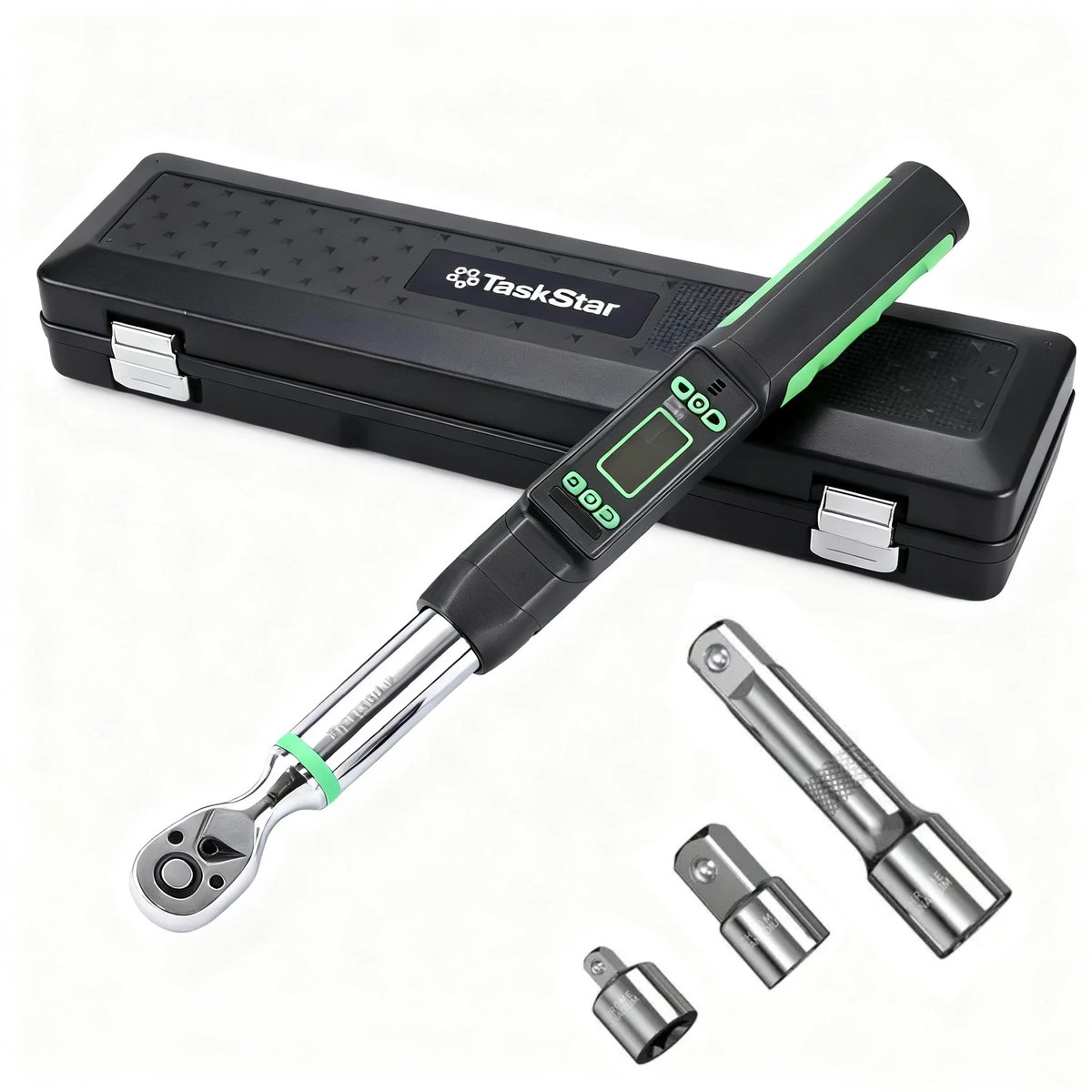 Blinxz.store - 220 Nm - Momentsleutel - Digitale momentsleutel - Momentsleutel auto - Geschikt voor 3 verschillende maten 1/4" 1/2" 3.8" - Compleet met verlengstuk en handige opbergkoffer - zwart/groen