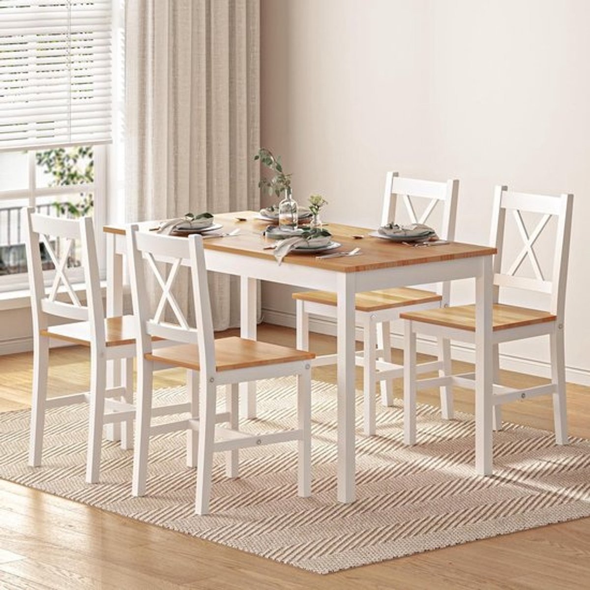 5-delige Eetgroep met Rechthoekige Eettafel en 4 Stoelen - Wit en Teak