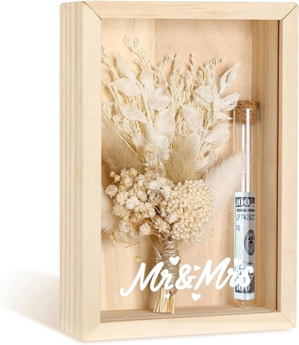 Huwelijkscadeau Geld Geschenkdoos Hout met Droogbloemen en Test Tube - Mr & Mrs Relatie Geschenk voor Verloving en Jubileum
