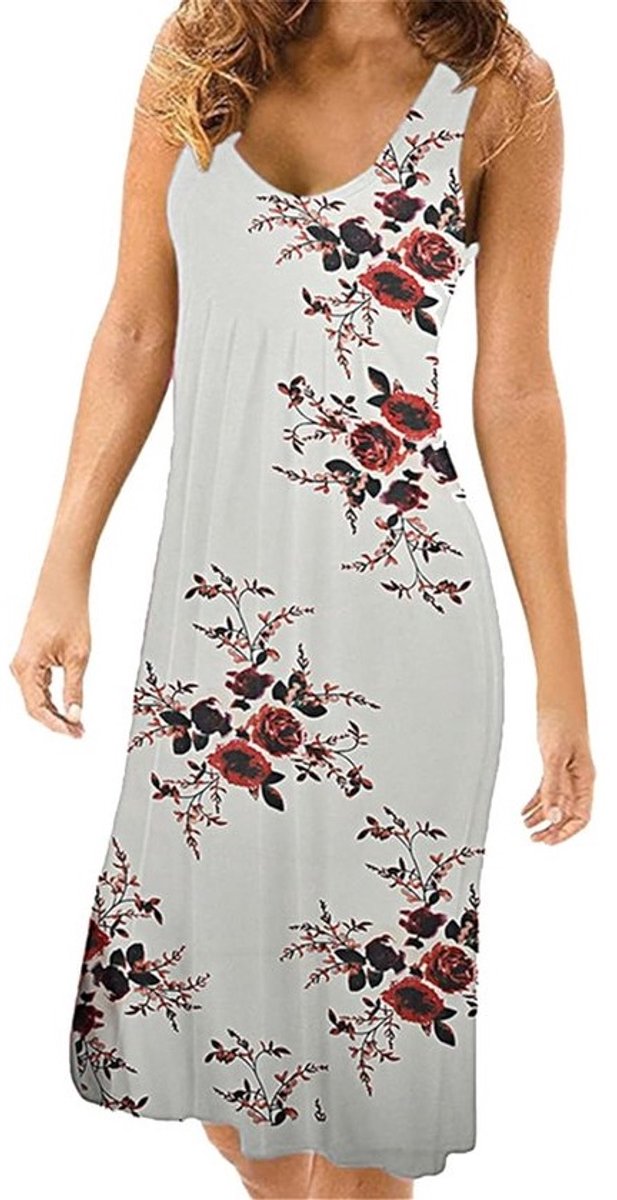 Dames Middellange Bloemenprint Jurk - Zomerse Mouwloze Strandjurk