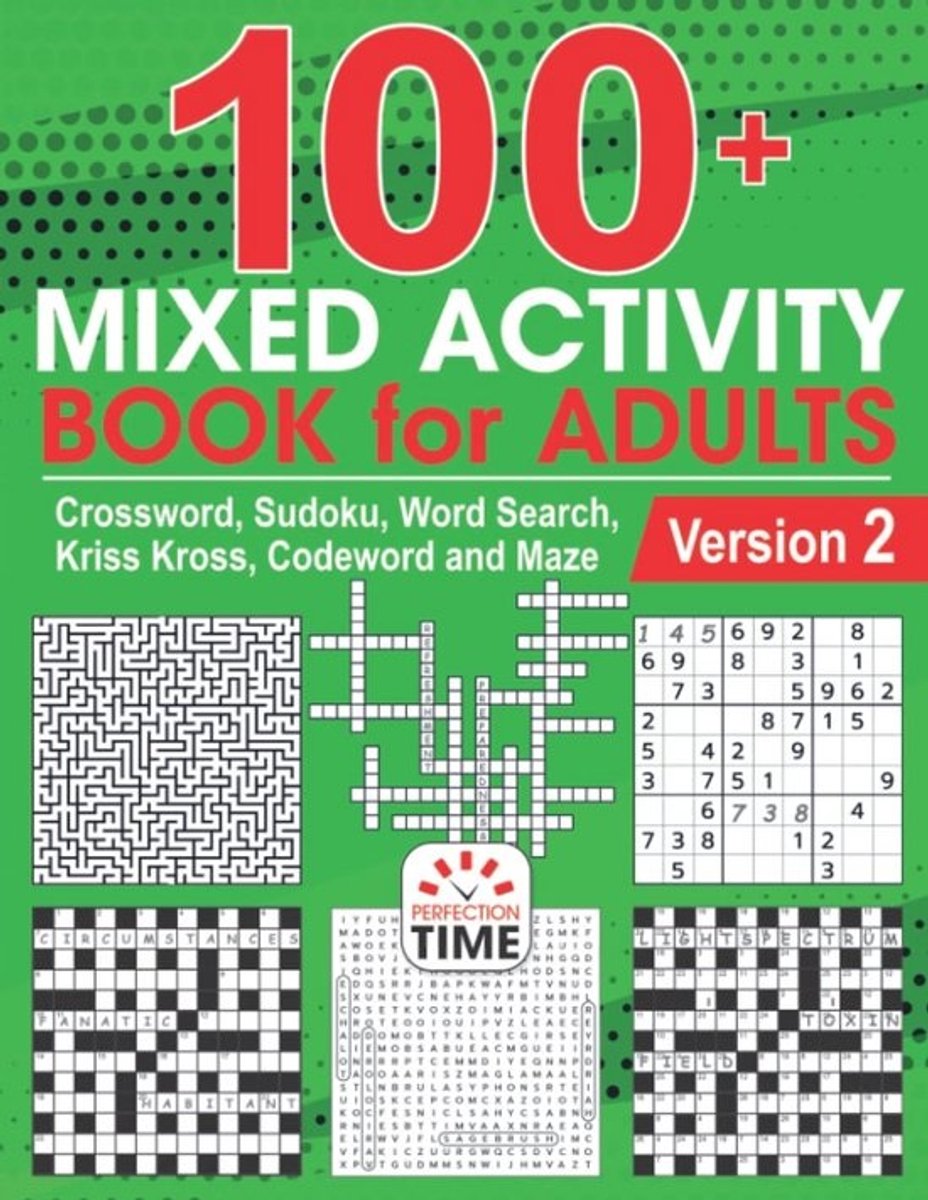 100+ Activiteitenboek voor Volwassenen: Kruiswoordpuzzels, Sudoku, Woordzoeker en Meer