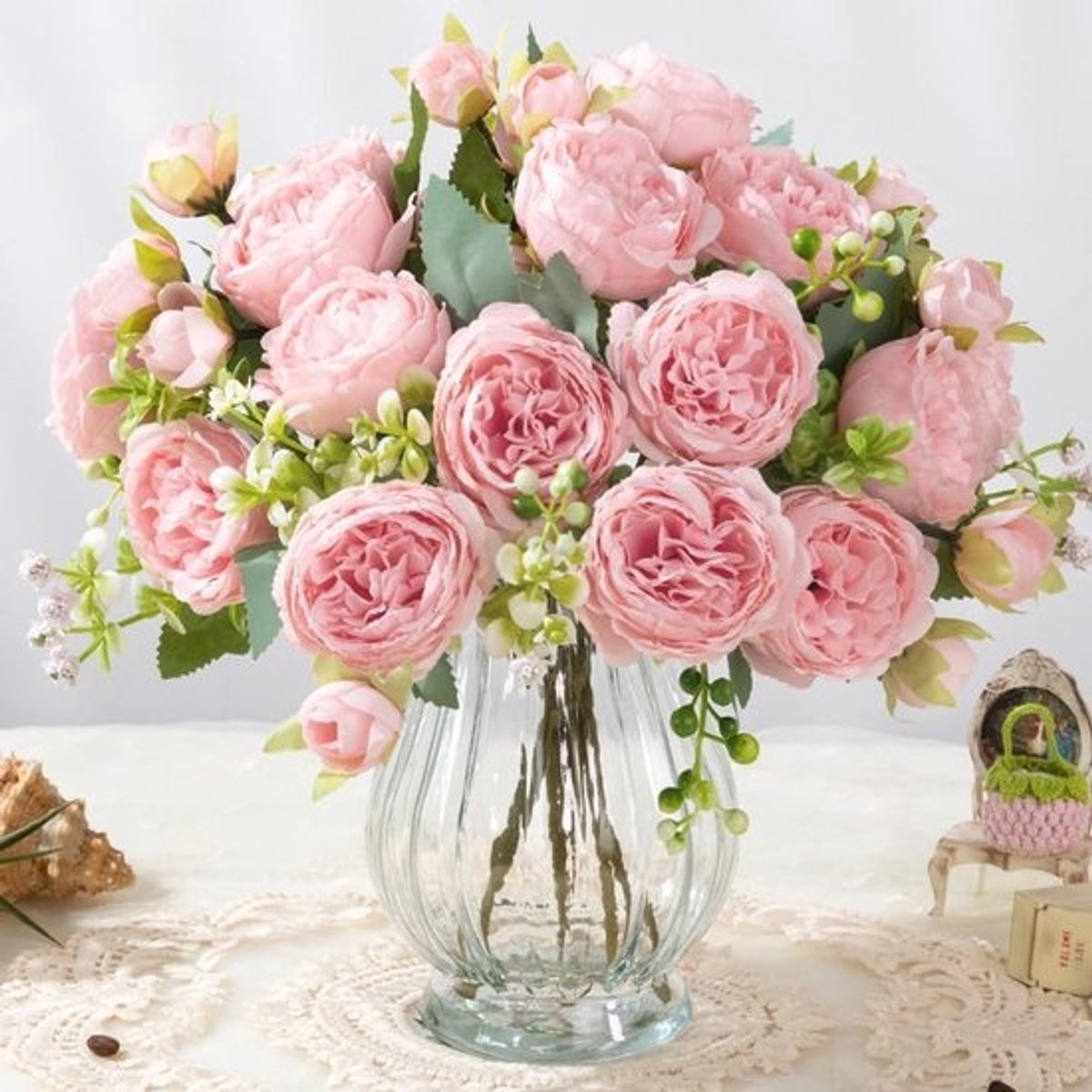Luxe Zijden Pioenrozen Boeket in Glazen Vaas - Realistisch Kunstbloemen Arrangement Roze | Woondecoratie