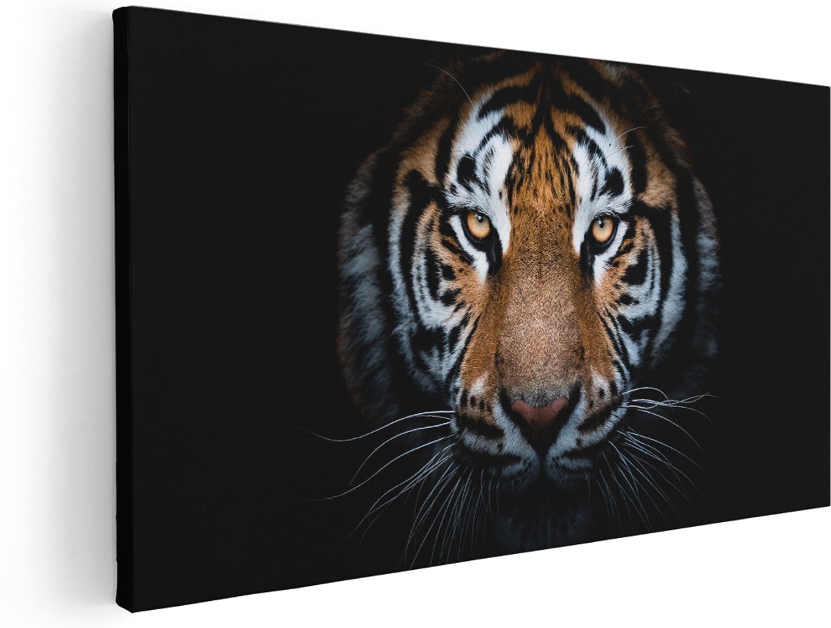 Artaza Canvas Schilderij Tijger Op Zwart Achtergrond - 180x90 cm - Groot - Wanddecoratie Woonkamer - Schilderijen - Muurdecoratie