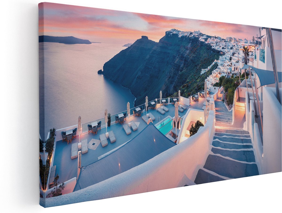 Artaza Canvas Schilderij Luxe Huisjes aan de Kust in Fira, Griekenland - 180x90 cm - Groot - Wanddecoratie Woonkamer - Schilderijen - Muurdecoratie