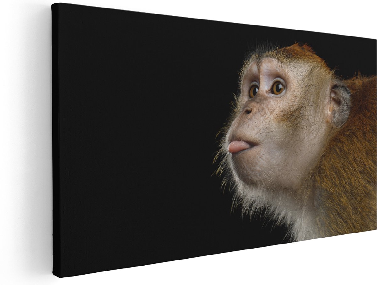 Artaza Canvas Schilderij Apenkop Met Zijn Tong Uit - Aap - 180x90 cm - Groot - Wanddecoratie Woonkamer - Schilderijen - Muurdecoratie