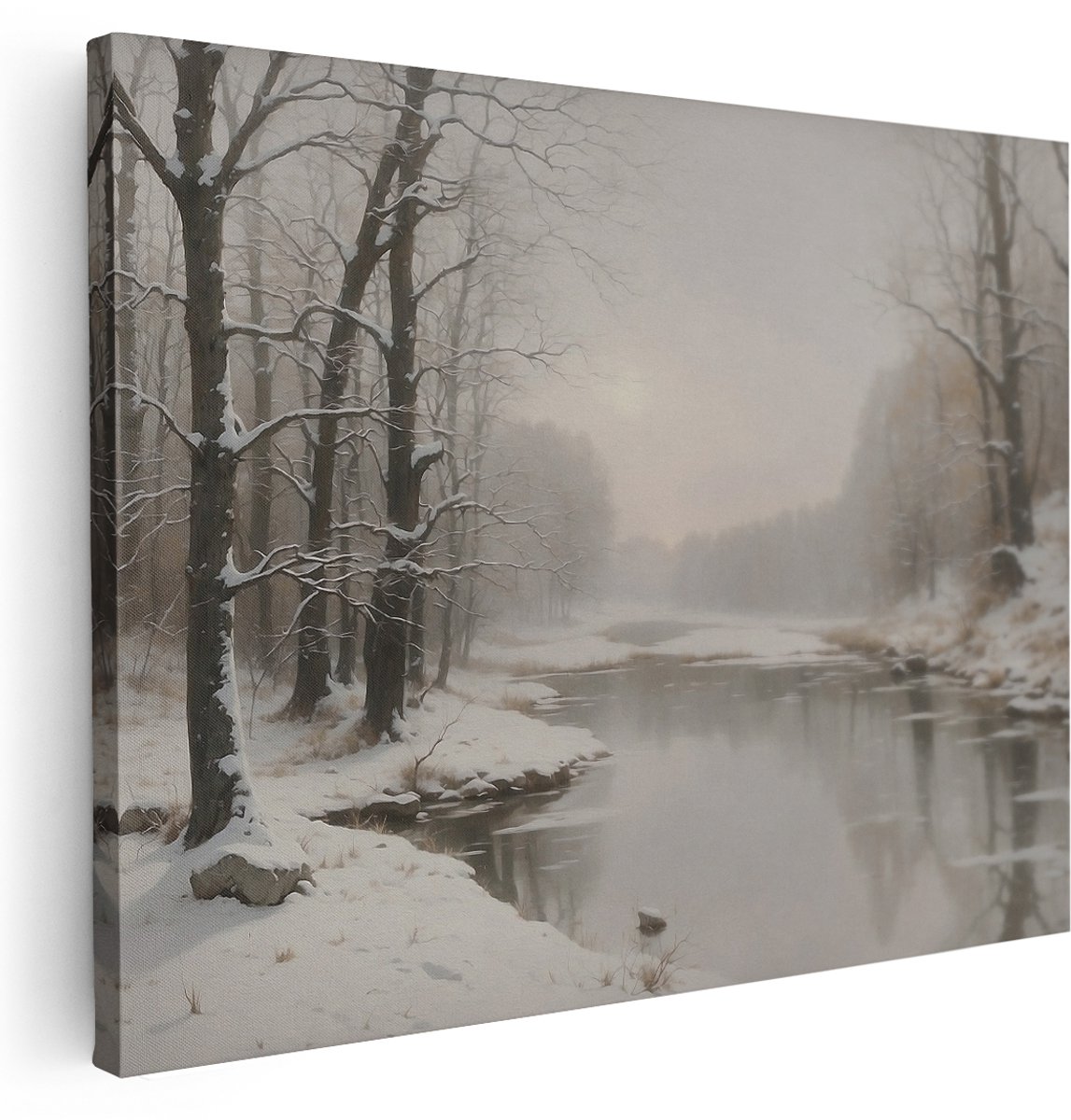 Artaza Canvas Schilderij Besneeuwd Bos - 160x120 cm - Groot - Wanddecoratie Landschap - Muurdecoratie Winter Natuur - Schilderijen Op Canvas Rivier
