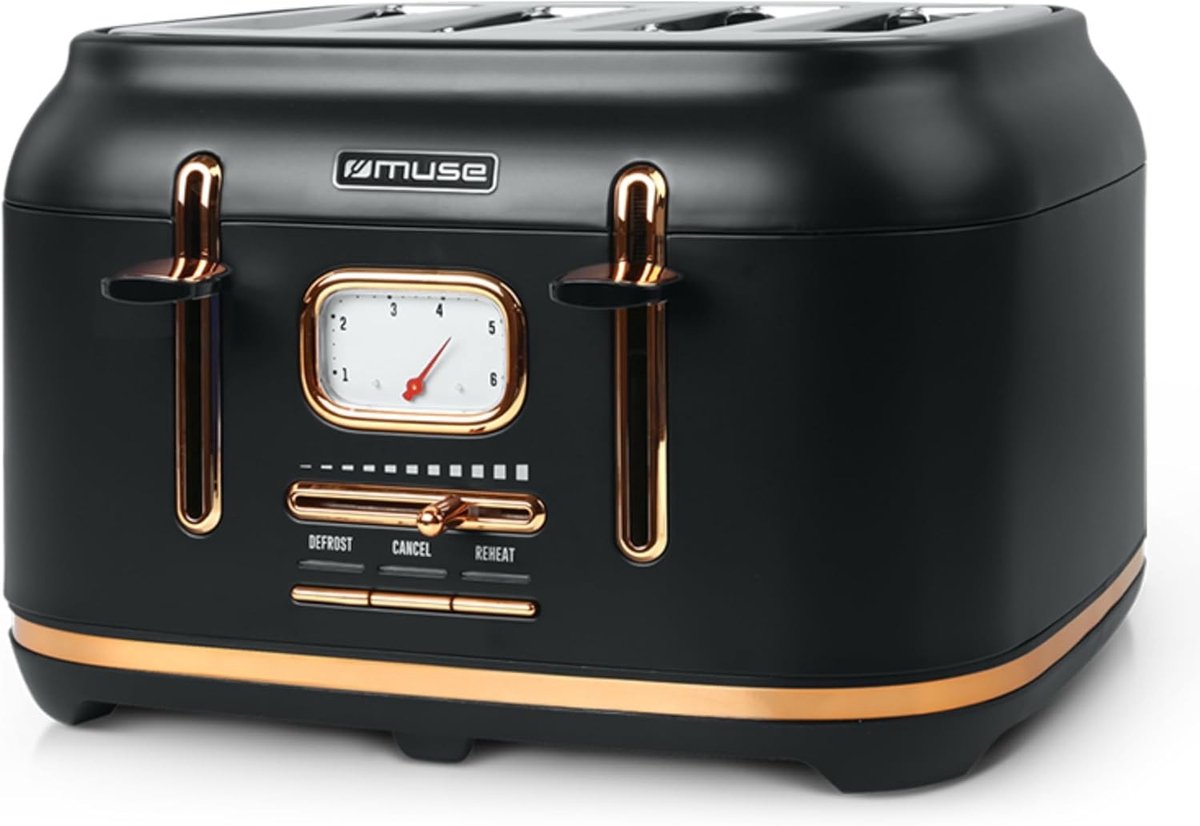 Broodrooster - Zwart - 4 Sneden - Roestvrij Staal met Analoge Weergave - Voor Retro Keuken