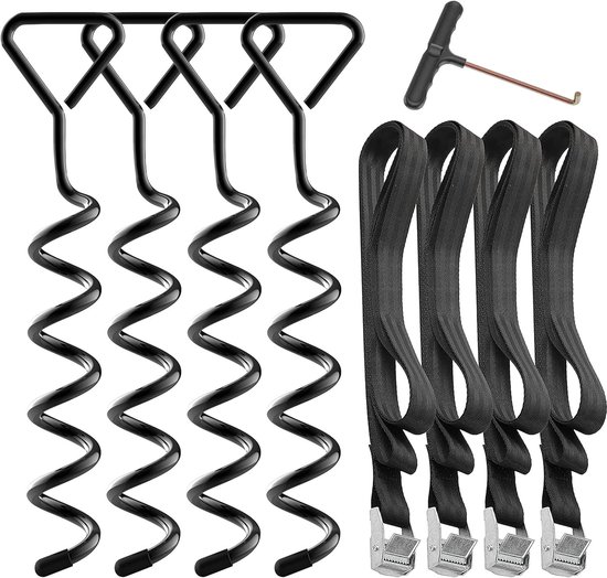 Set van 4 Grondankers voor Trampoline - Zwart - 40,5 cm - Verzinkt en Roestvrij Staal - Voor Tuin en Buitenspellen