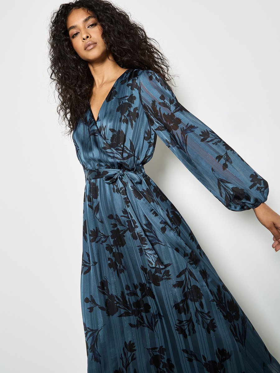 Satin Shimmer Floral Wrap Midaxi Dress