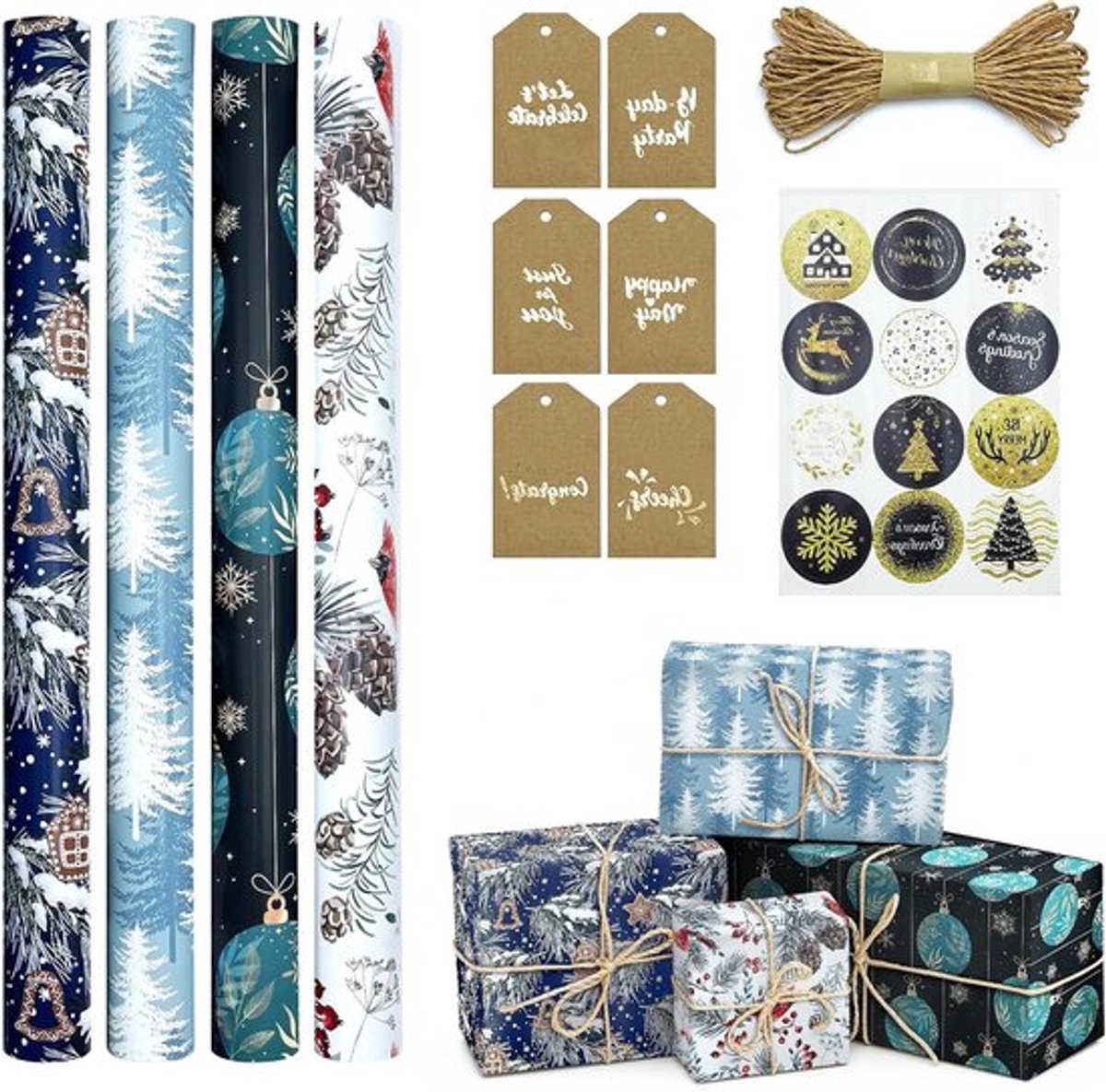Elegante Kraft Papieren Cadeauverpakkingen voor Kerst, 43 x 300 cm, Set van 4 Rollen met Labels, Stickers en Touw voor Perfecte Verpakking