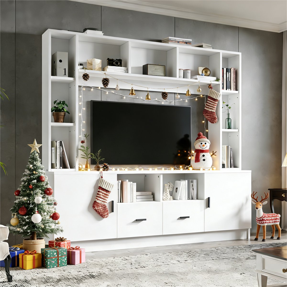 TV-Meubel - Meerdere Opbergmogelijkheden - Voor Woonkamer - 180X35X170CM - Met Vitrinekast, TV-Kast, 2 Kasten, 2 Lades & 11 Opbergvakken - Geschikt voor TV's tot 60 Inch - Wit