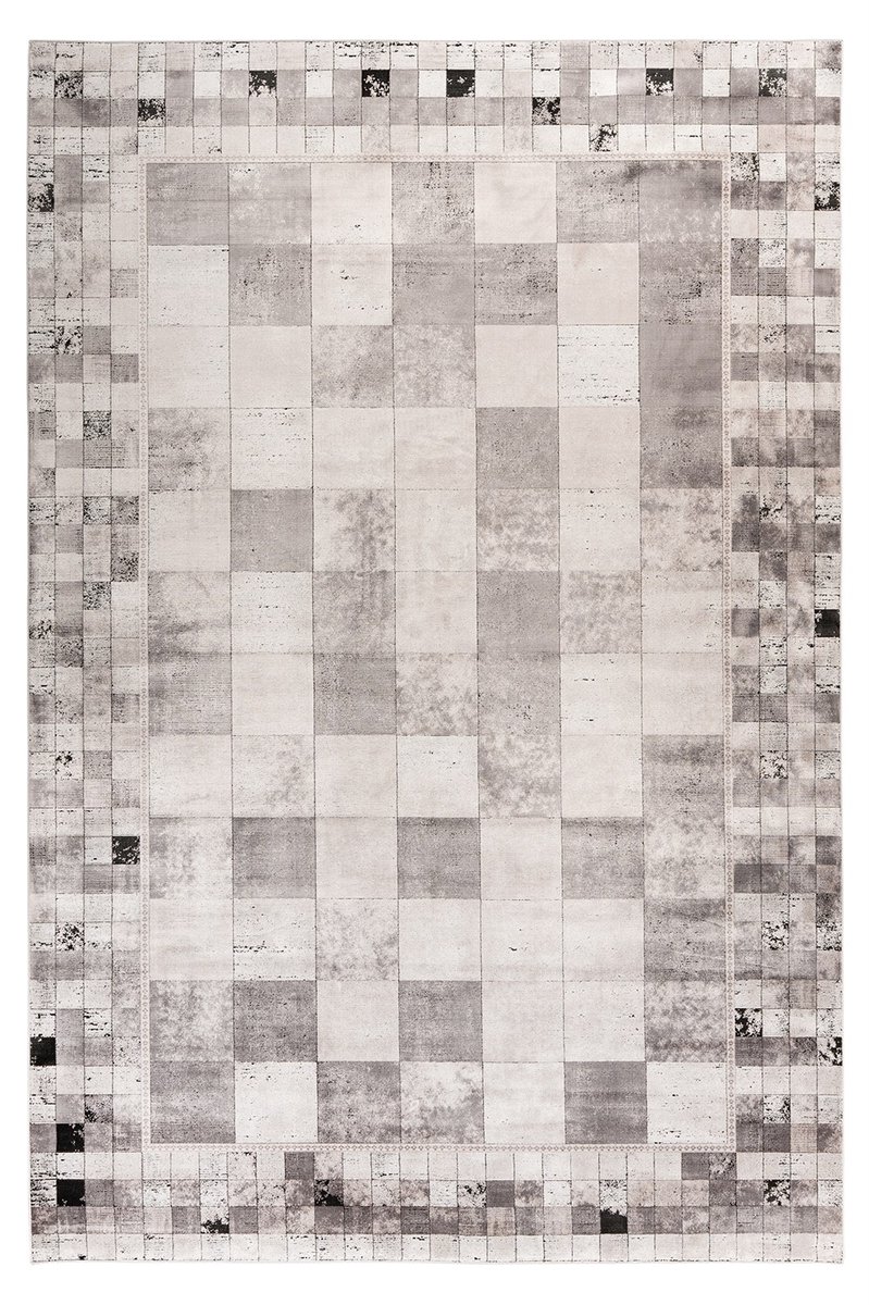 Padiro laagpolig vloerkleed 80 x 150 cm - grijs - modern abstract design - patchwork - geschikt voor vloerverwarming - van viscose en polyacryl