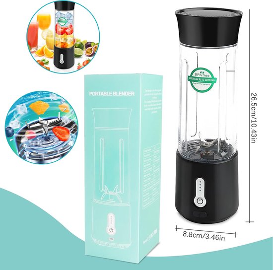 OKWISH Blender Draagbaar - 89 x 89 x 270 Mm - Oplaadbaar - Lekvrije Deksel - Voor Onderweg - Voedselveilig PCTG - Zwart van OKWISH — afbeelding 2