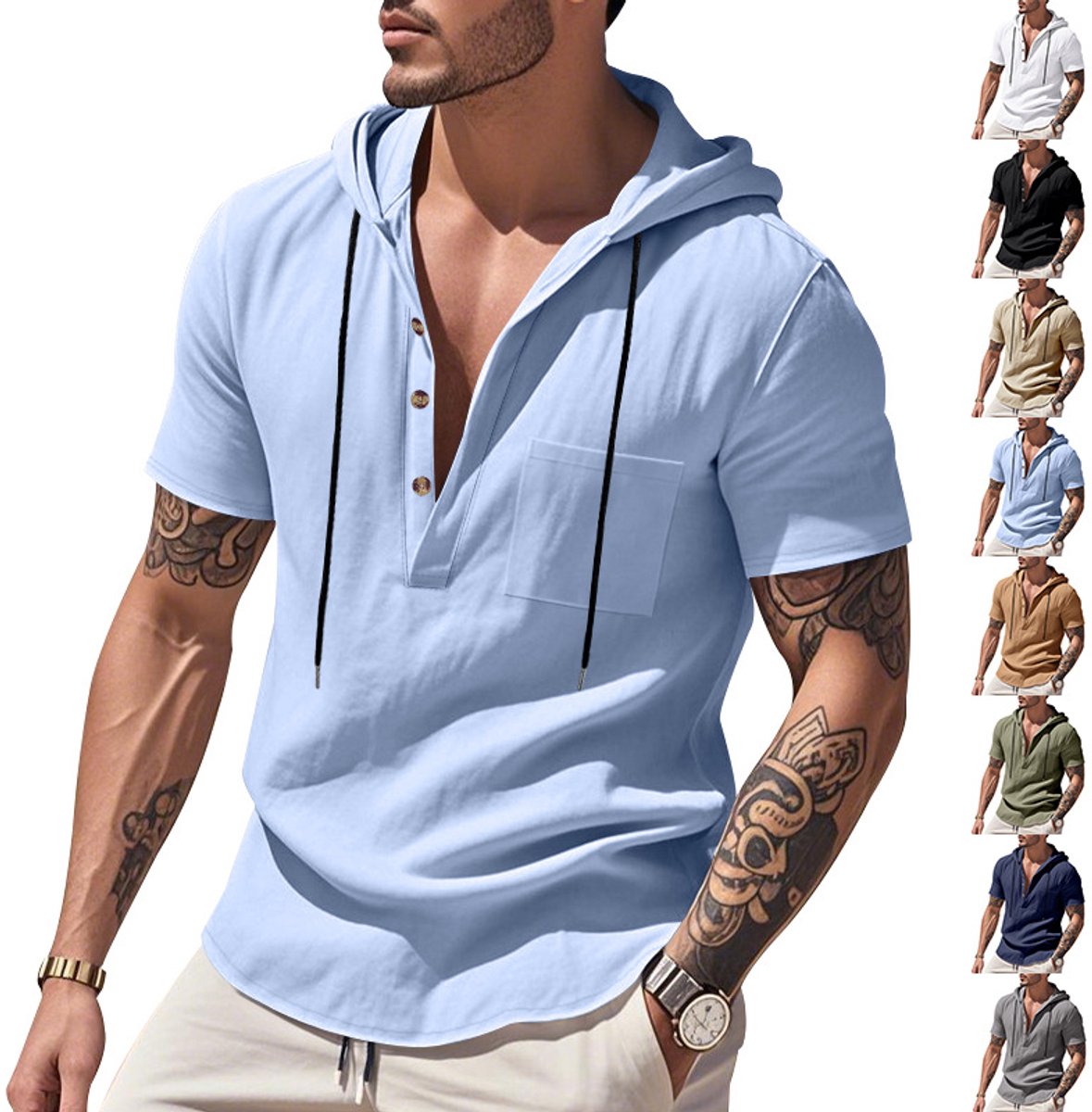 casalora®—Linnen overhemd—Herenoverhemd met korte mouwen—Normale pasvorm—Casual overhemd—Linnen overhemd—Overhemd met capuchon—Heren—Zomer—Zomeroverhemd—Strand
