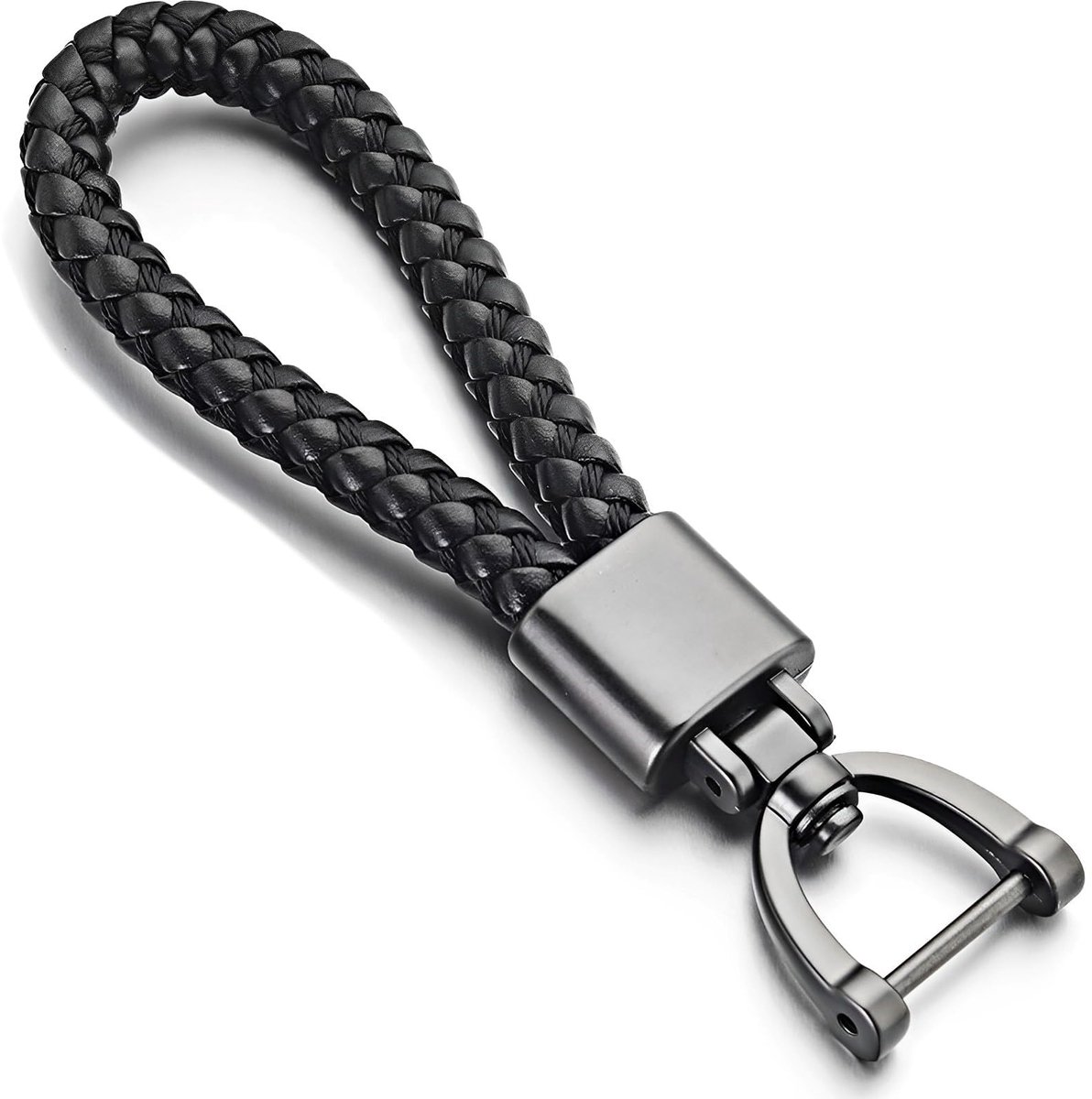 Sleutelhanger leer - Leren sleutelhanger - Autosleutel hanger - Geweven sleutelhanger - Stoere sleutelhanger - Vaderdag cadeau - Key ring - Zwart - Kunstleer en metaal - 12 cm - Jonyx