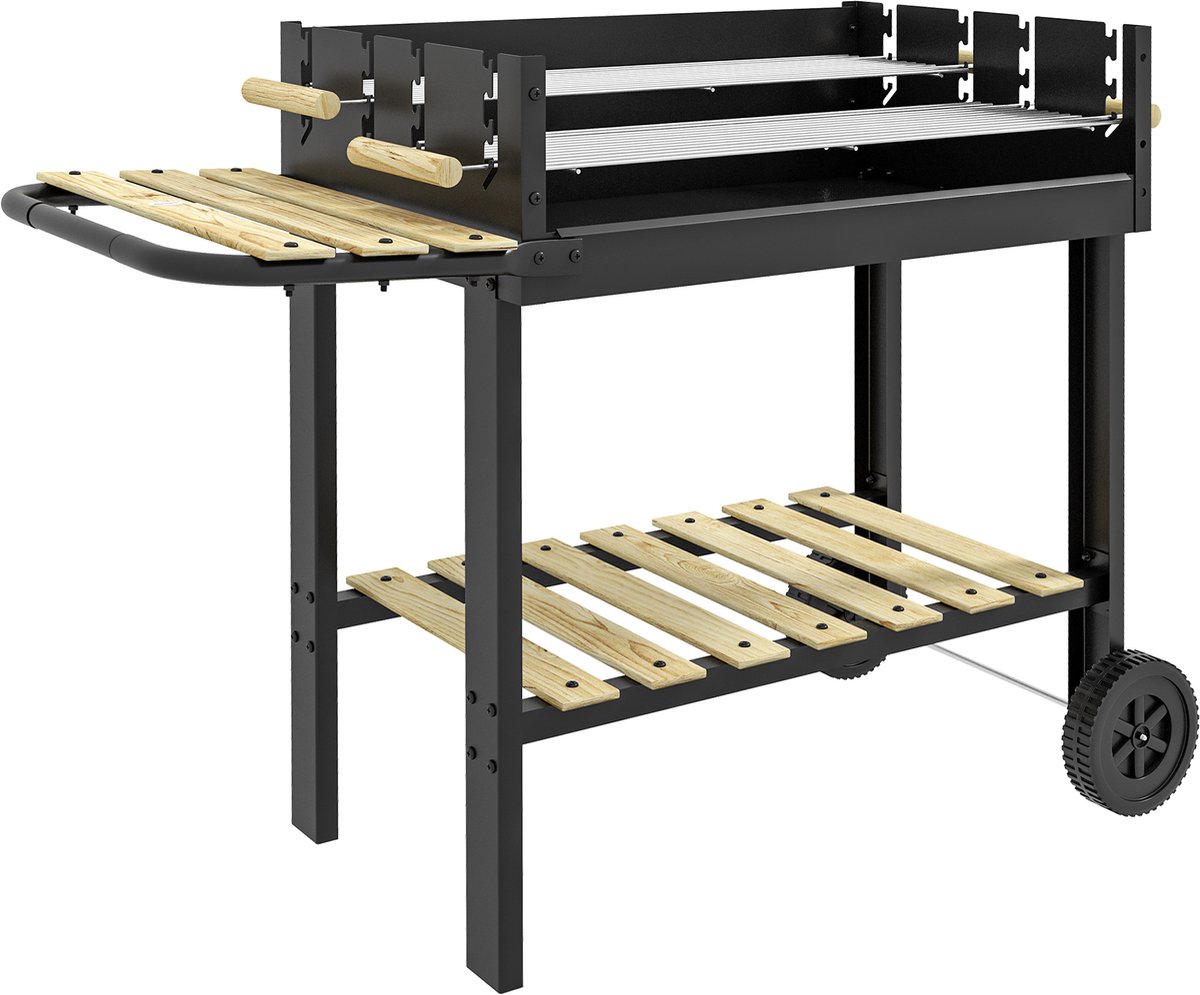 Bratislava houtskoolbarbecue, staal met grenenhouten afwerking, 143 x 68 x 90 cm, met 2 wielen, zijplank, in hoogte verstelbare roosters, zwart