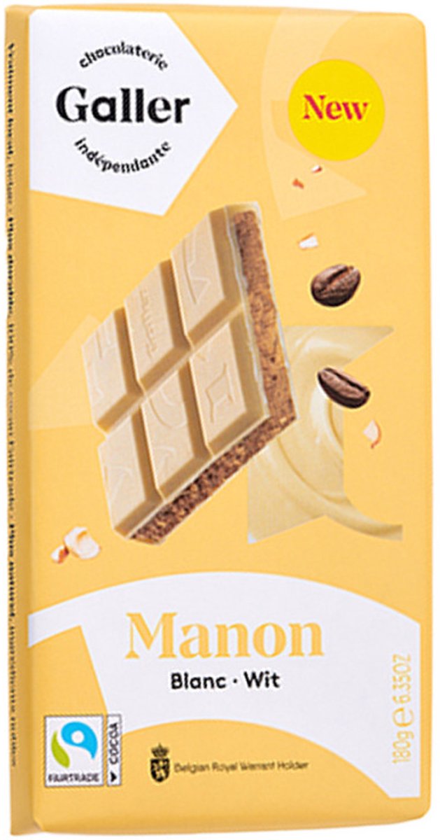 Witte chocoladetablet met koffiesmaakvulling en geroosterde noten Galler Blanc Manon, 180 g