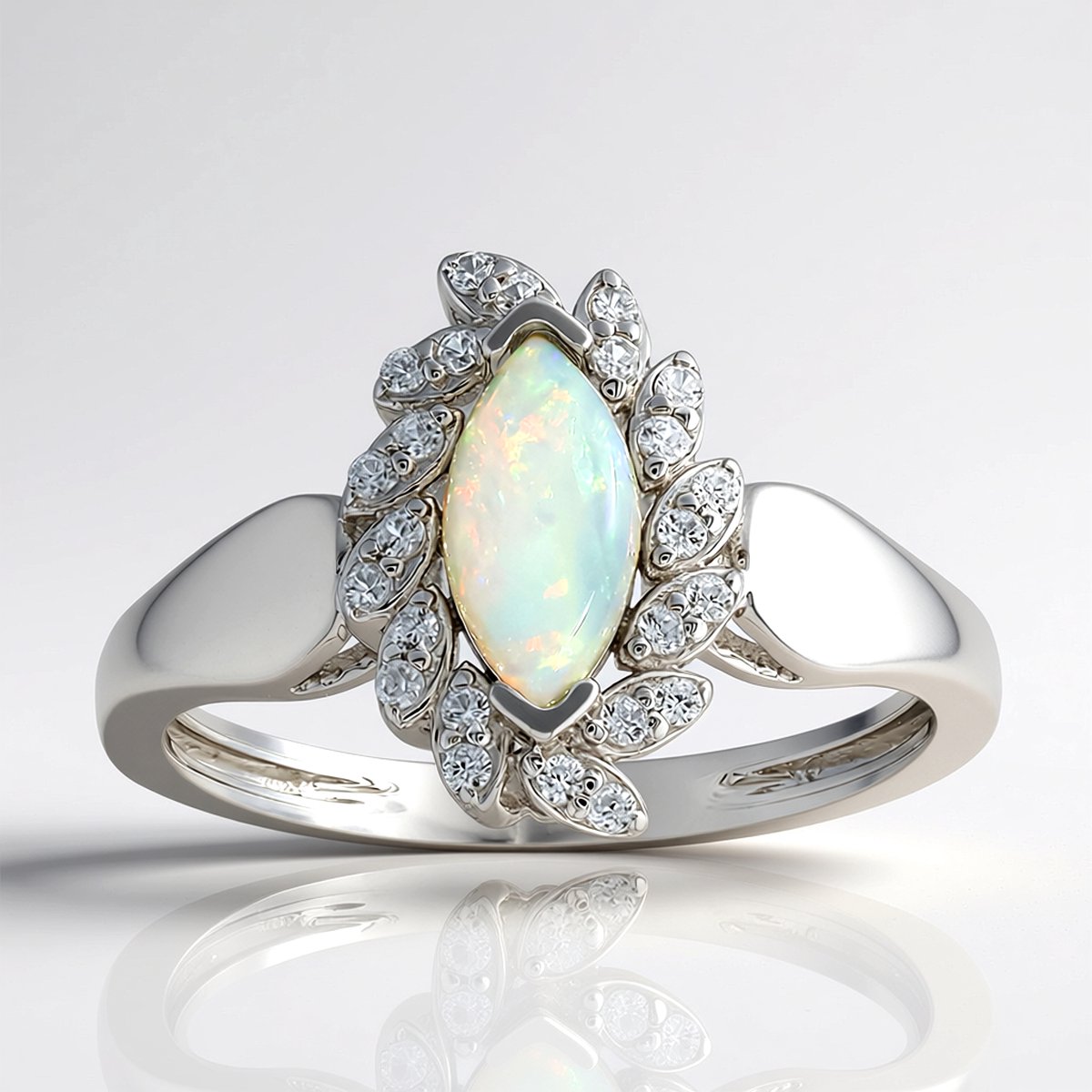 Cavill - Elegante bloemring met Australische Opaal 0,289 ct - 925 Sterling Zilver platina verguld - Marquise cabochon & 24 zirkonia