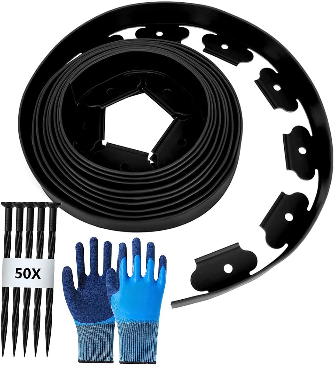 Flexibele gazonrand van kunststof - lengte 10 m - hoogte 5 cm - met 50 grondankers + 1 paar handschoenen - zwart
