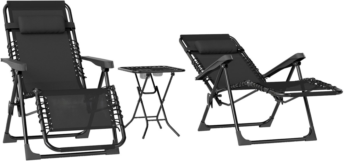 Set van 2 ligstoelen met inklapbare tafel, bekerhouder, tuinstoel, opvouwbaar, van textiel, ligstoel met hoofdbekleding, maximale belasting 120 kg, zwart