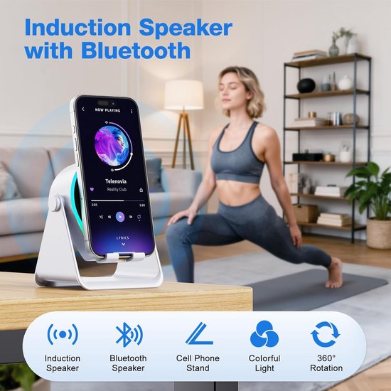 Draadloze inductie Bluetooth luidspreker 5-in-1, 360° draaibare telefoonhouder en sfeerverlichting in diverse kleuren, geschikt voor iPhone, iPad, Android en tablets, perfect verjaardagscadeau voor mannen en vrouwen — afbeelding 2