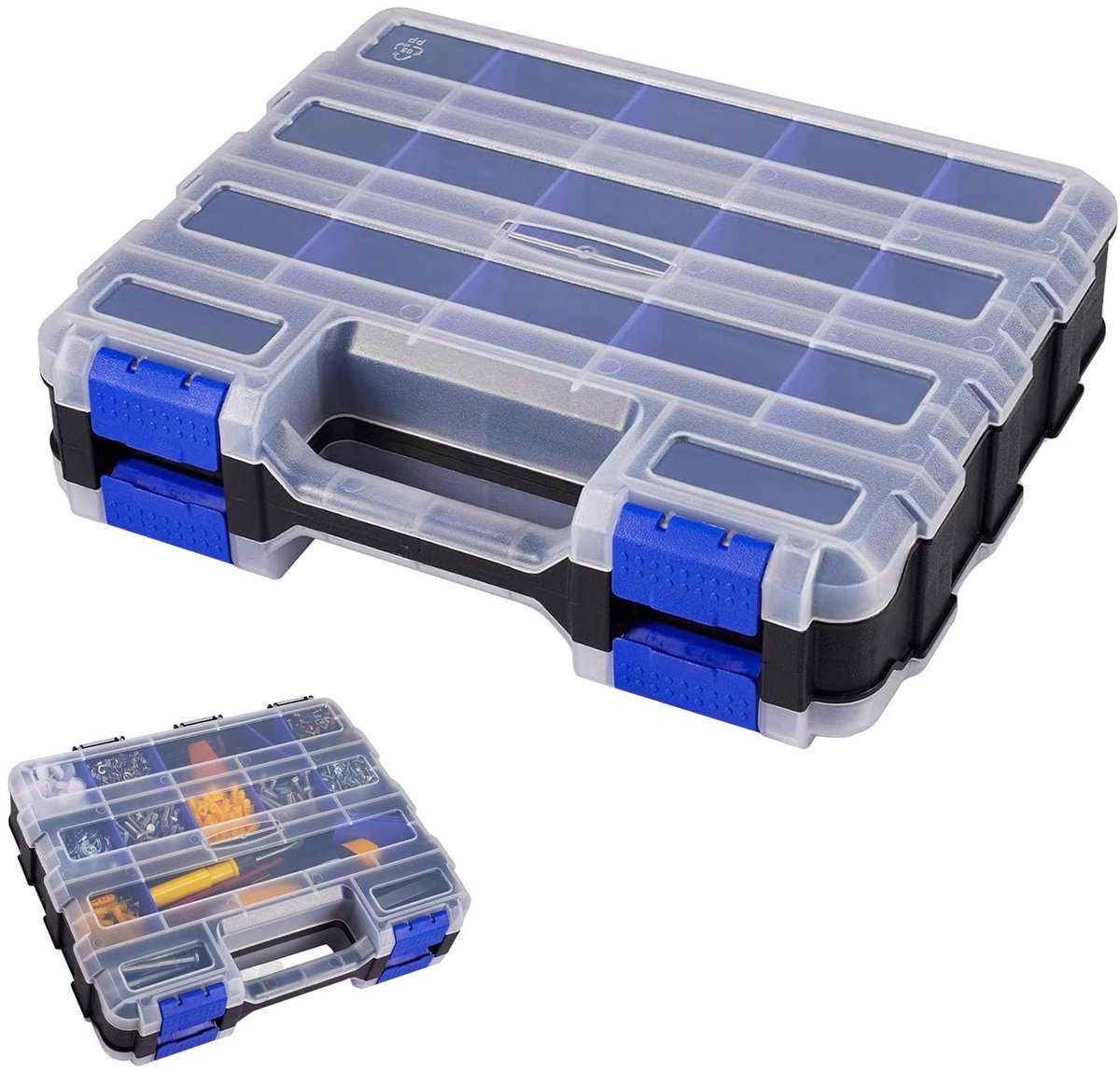 Dubbelzijdige Assortimentsdoos met 34 Vakken - Kleine Onderdelen Organizer met Uitneembare Verdelers - Opbergbox voor Schroeven, Spijkers, Moeren, Bouten & Accessoires - Transparante Sorteerdoos voor Werkplaats, Garage & Gereedschap