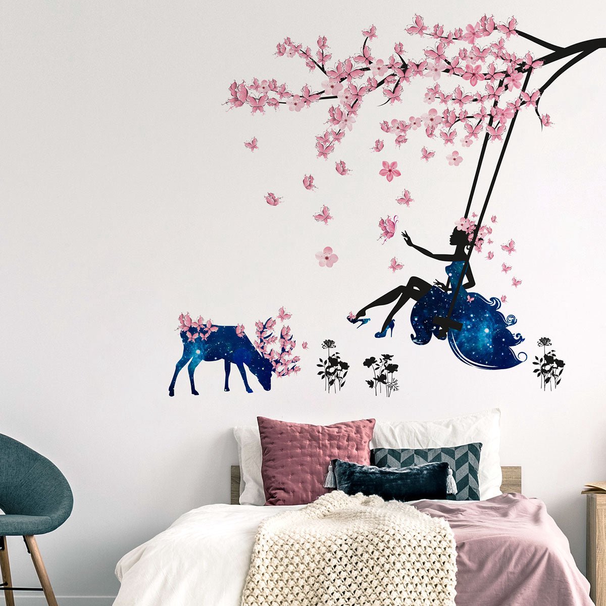 Ambiance Sticker Muurstickers - Boom, vlinders en schommel - Transparante achtergrond - 70x105cm Multi color
