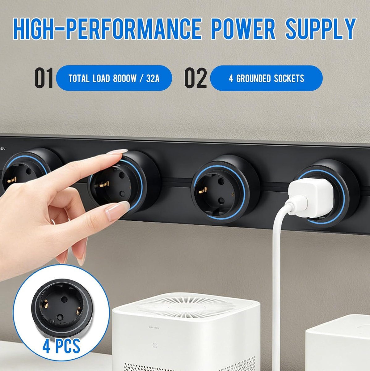 Multiple Socket Wall Mounted, Power Rail with 4 Earthed Sockets, 32 A/8000 W Max 50 cm, Power Strip Without Cable for - ShopVlot