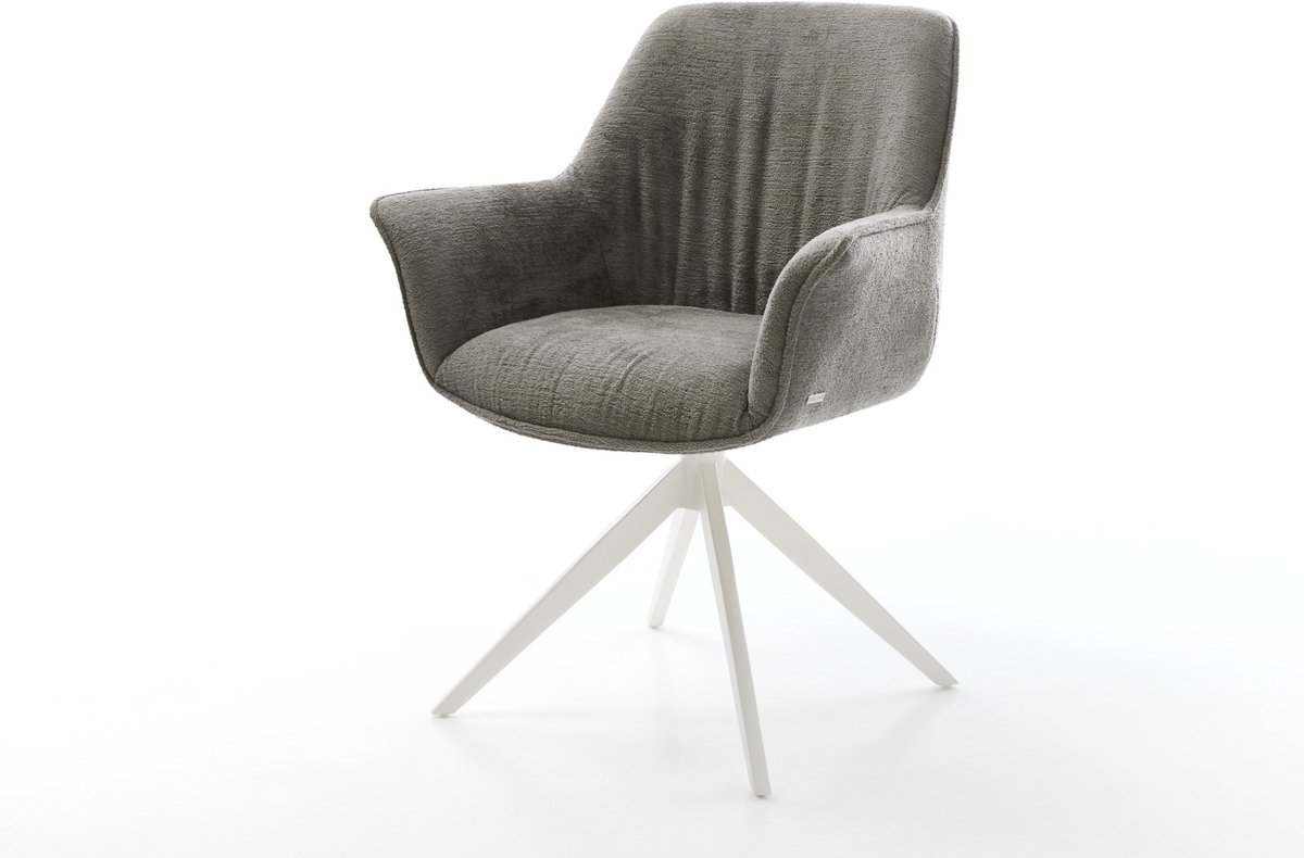 Eetkamerstoel Keila-Flex met armleuning kruisframe breed wit bouclé zacht mud 360° draaibaar rocker-functie