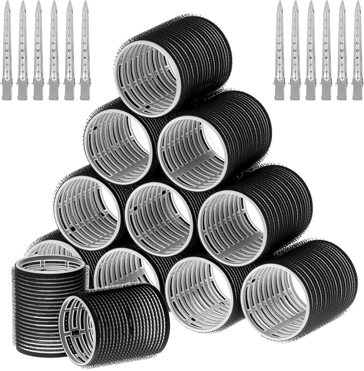 QWORK® 12 Grote zelfklevende haarrollers van 48mm met 12 roestvrijstalen clips voor volume zonder hitte, XXL - ShopVlot
