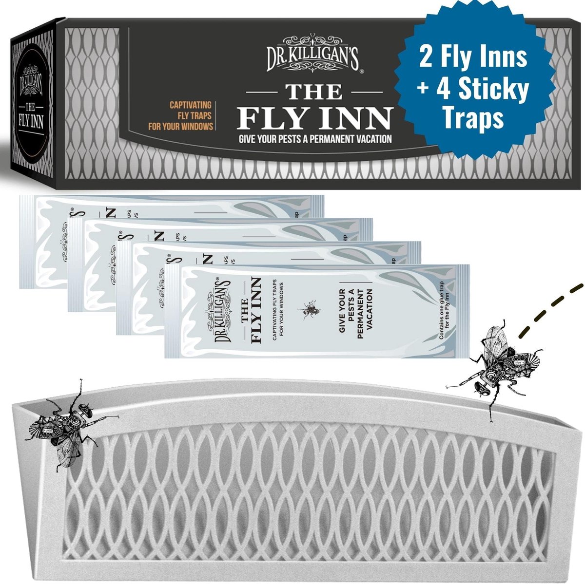 Dr. Killigan's El Fly Inn Raamvliegenval, plakstrips voor vliegen, insectenval binnen, vangt en verbergt fouten, beter - ShopVlot