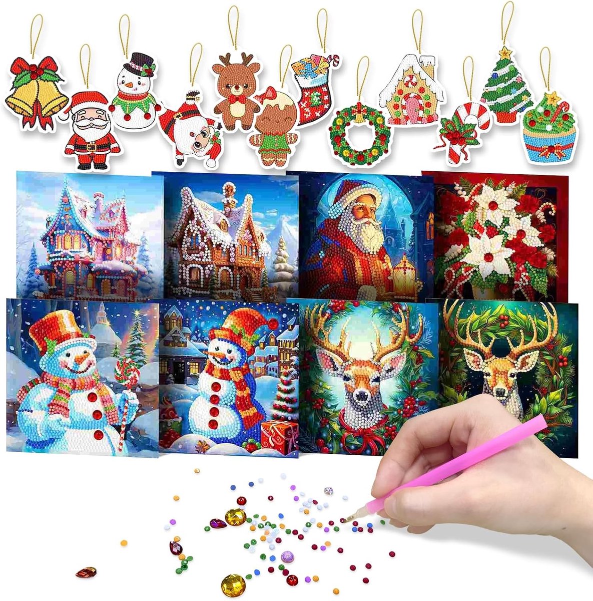 Kerstkaarten Set - A - Handgemaakte 5D Diamant Schilderij Wenskaarten met Envelop - Voor Creatieve Klanten