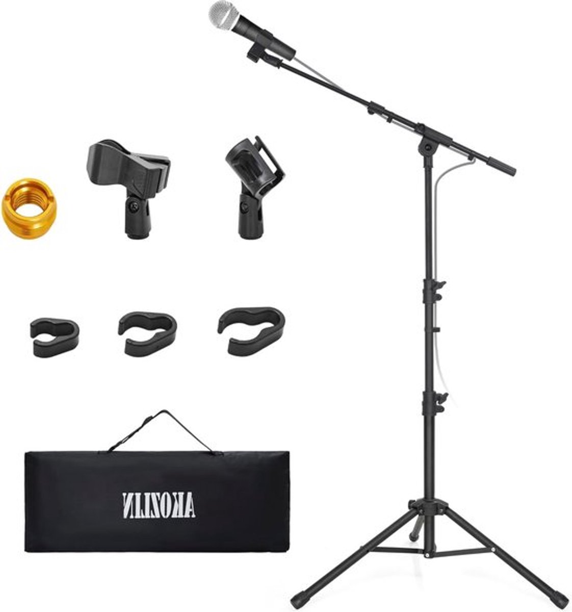 Verstelbare Microfoonstandaard met Boomarm en Tripod, Opvouwbaar en 360° Draaiend, Inclusief 2 Microfoonhouders en Opbergtas voor Workshops en Optredens