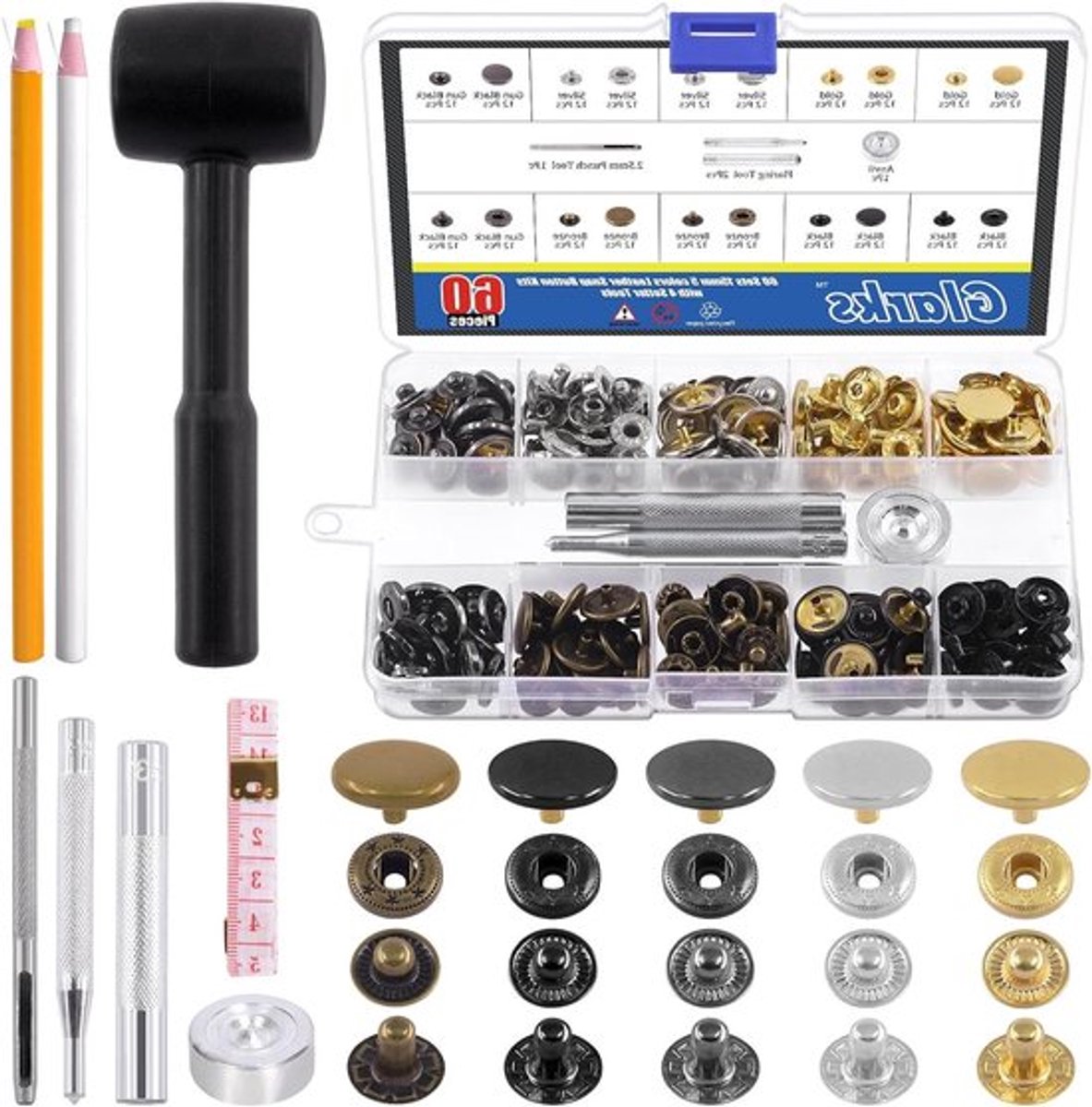 60 Sets Metalen Drukknopen 15mm in 6 Kleuren met 7 Stukken Gereedschap voor DIY Leren Ambachten, Kleding en Tassen